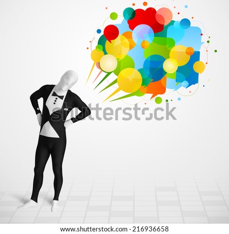 Strange funny guy  looking at colorful speech bubbles