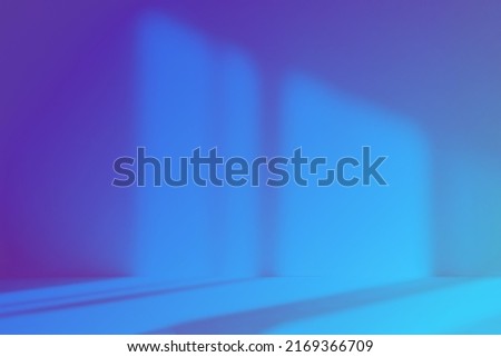 Abstract blue studio background for product presentation. Empty room with shadows of window. 3d room with copy space. Blurred backdrop.