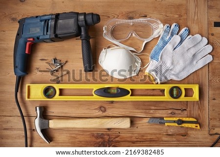 The perfect DIY kit. High angle shot of work tools. Royalty-Free Stock Photo #2169382485