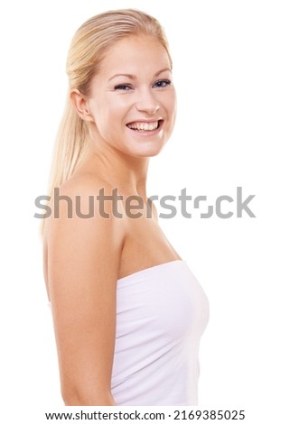 Skincare puts a smile on my face. Studio portrait of a gorgeous young woman isolated on white. Royalty-Free Stock Photo #2169385025