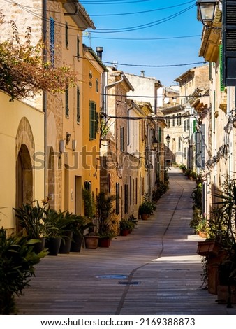 Portrait of a typical groomed mediterranean alley lined with plant pots uphill in the Alcudia old town with sunlit facades at springtime and a shadow cast street at Mallorca.