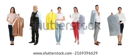 Collage with photos of people holding clothes on white background, banner design. Dry-cleaning service