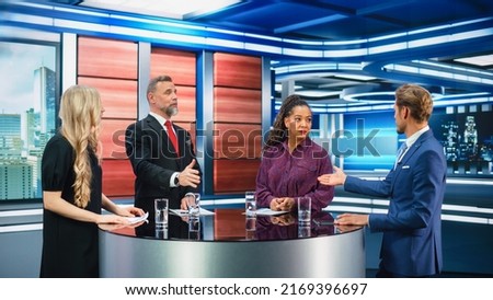Talk Show TV Program: Four Diverse Specialists, Experts, Guests, Presenter, Host Discuss and Argue about Politics, Economy, Science, News. Mock-up Television Cable Channel Studio Debate