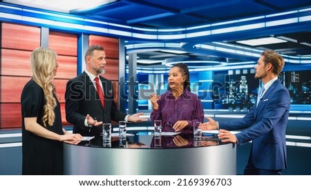 Talk Show TV Program: Four Diverse Specialists, Experts, Guests, Presenter, Host Discuss and Argue about Politics, Economy, Science, News. Mock-up Television Cable Channel Studio Debate Royalty-Free Stock Photo #2169396703