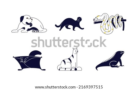Set of stylized black pets in minimal design isolated on a white background. Flat Art Vector Illustration