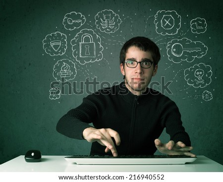 Young nerd hacker with virus and hacking thoughts on green background