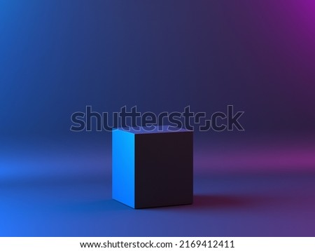 3D illustration and rendering concept backdrop of studio shooting set up of pink and blue lighting background and one shining black cube pedestal in vaporwave style colors.