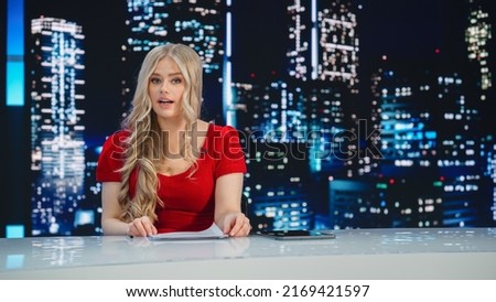 Newsroom TV Studio Live News Program: Female Presenter Reporting, Green Screen Chroma Key Screen Picture. Television Cable Channel Anchor Talks. Network Broadcast Mockup of Late Night TV Show