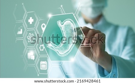Telemedicine and human Stomach recovery concept. Neutral color palette, copy space for text. Royalty-Free Stock Photo #2169428461