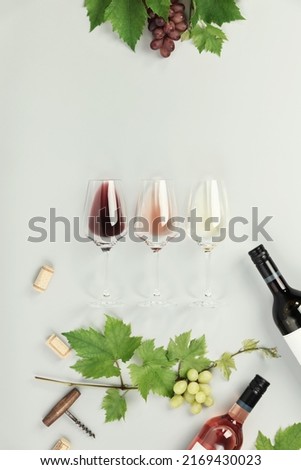 Flat-lay of red, rose and white wine in glasses, Branch of grape vine, bottles of wine on white background. Wine bar, winery, wine degustation concept. Minimalistic trendy photography