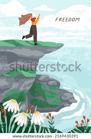 Happy free woman on top of mountain cliff with view on sea, ocean. Freedom card design with nature peace, summer landscape and carefree person enjoying seaside. Colored flat vector illustration