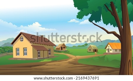 Indian village people living area. farmer house. Indian style village. rural area mud road connecting to each house with tree green field. agricultural area. Royalty-Free Stock Photo #2169437691
