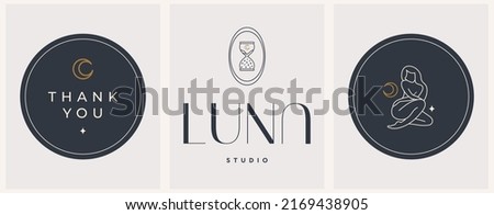 Vector abstract modern logo design templates with hourglass and girl silhouette with moon in trendy linear style. For jewelry for exclusive services and products, beauty and spa industry