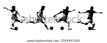 Vector set silhouettes of Soccer player kicking ball, abstract isolated vector silhouette, footballer logo Royalty-Free Stock Photo #2169441169