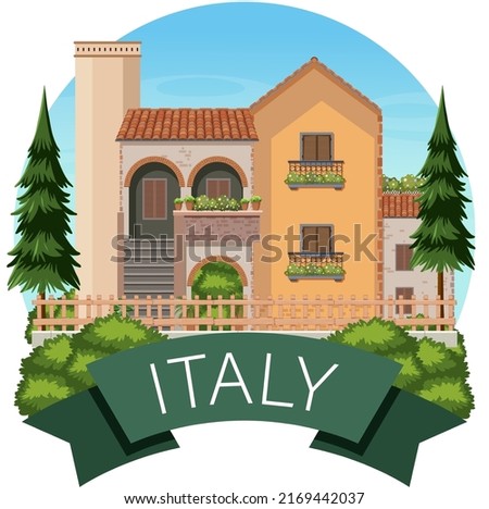 Italy banner label with house buildings illustration