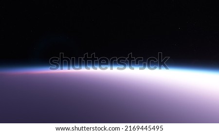 Twighlight planet over stratosphere space ,surface fill with clouds. 3D Simulation Royalty-Free Stock Photo #2169445495