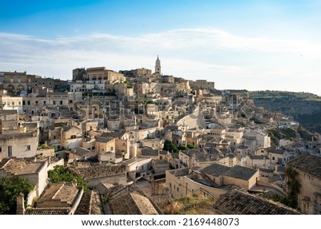 Stunning view of the Matera’s skyline during a beautiful sunny day. Matera is a city on a rocky outcrop in the region of Basilicata, in southern Italy. Royalty-Free Stock Photo #2169448073