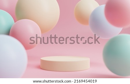 Minimal product podium stage with multicolor pastel color balloons in geometric shape for presentation background. Abstract background and decoration scene template. 3D illustration rendering Royalty-Free Stock Photo #2169454019