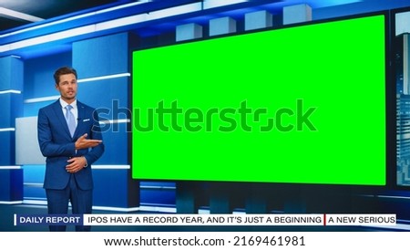 Talk Show TV Program: Handsome White Male Presenter Standing in Newsroom Studio, Uses Big Green Chroma Key Screen. News Achor, Presenter Talks About News, Weather. Mock-up of Cable Channel