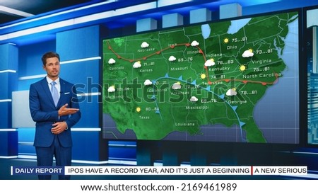 TV Weather Forecast Program: Professional Television Host Reviewing Weather Report in Newsroom Studio, Uses Big Screen with Visuals. Famous Anchorman Talks. Mock-up of Cable Channel Concept. Royalty-Free Stock Photo #2169461989