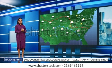 TV Weather Forecast Program: Professional Television Host Reviewing Weather Report in Newsroom Studio, Uses Big Screen with Visuals. Famous Anchorwoman Talks. Mock-up Cable Channel Concept