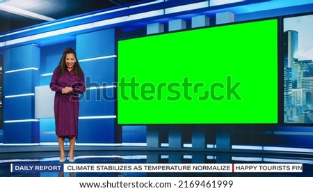 Talk Show TV Program: Beautiful Black Female Presenter Standing in Newsroom Studio, Uses Big Green Chroma Key Screen. News Achor, Host Talks About News, Weather. Mock-up Cable Channel