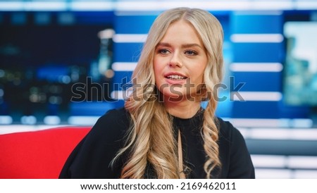 Talk Show TV Program, News Discussion: Beautiful White Female Presenter Talks, Listens to Guests. Cable Channel Host or Guest Have Conversation. Mockup Television Studio and Entertainment