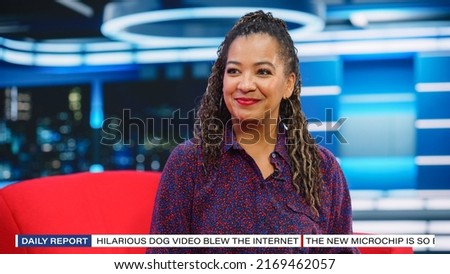 Talk Show TV Program, News Discussion: Beautiful Black Female Presenter Talks, Listens to Guests. Cable Channel Hosts Have Friendly Conversation. Mockup Television Studio and Entertainment Concept