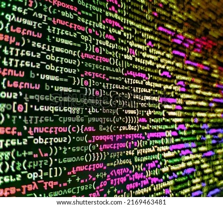 Javascript code in bracket software. Data encryption security code on a computer display. Programmer working on computer screen. Abstract technological background with digits and lines