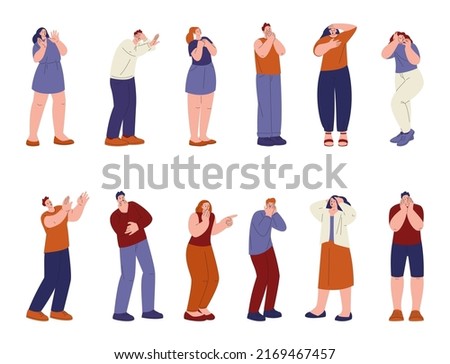 Woman astonishment and people afraid. Scared faces, person frightened stunned or feared. Panicking flat characters, emotional kicky male female vector set
