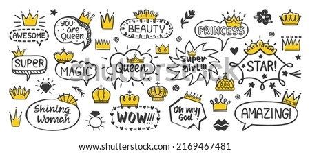 Cute dialog bubbles. Funny doodle labels, speech shaped with crowns and hearts. Handwriting royal labels, princess comic inscriptions neoteric vector set