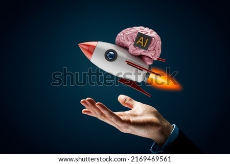 Fast growing application of artificial intelligence (AI) concept. Brain with computer chip on itself and text AI representing artificial intelligence. Cartoon rocket holding brain flies up.