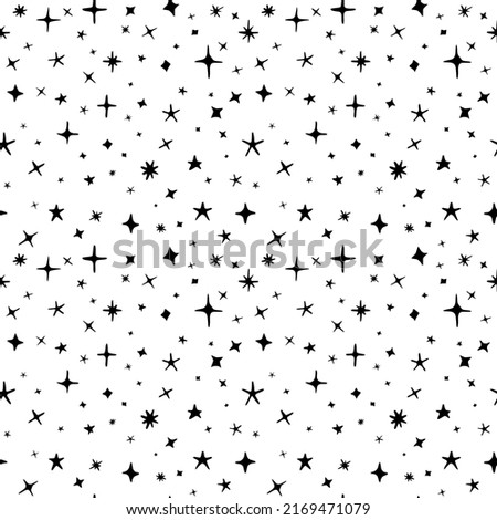 Seamless pattern of hand drawn stars of different sizes and shapes, black and white