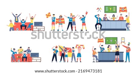 Sport fans characters. Fan on couch, football fanatics watching competition. Angry cheering flat teenager, soccer friends in bar recent vector scenes Royalty-Free Stock Photo #2169473181
