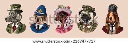 Pug Dog dog smokes cigar in suit. English Bulldog policeman. Herding and Bloodhound and German Shorthaired Pointer and Dachshund. Fashion Animal character in clothes. Engraved Hand drawn sketch.