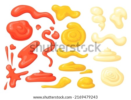 Cartoon sauce stains. Mayonnaise stain sauce splash american ketchup drizzle dip mustard, spill mayo yellow red cream swirl splat dressing tomato drop, neat vector illustration of mayonnaise sauce Royalty-Free Stock Photo #2169479243