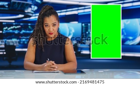 Split Screen TV News Live Report: Female Anchor Talks, Reporting. Reportage Montage with Picture in Picture Green Screen, Side by Side Chroma Key. Television Program on Cable Channel Concept.
