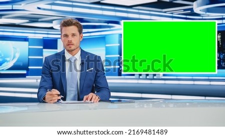 Newsroom TV Studio Live News Program: Caucasian Male Presenter Reporting, Green Screen Chroma Key Screen Picture. Television Cable Channel Anchor Talks, Listens. Network Broadcast Mock-up