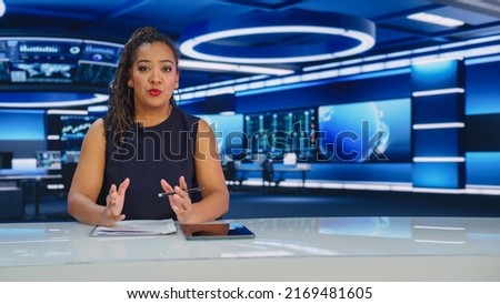 TV Live News Program with Professional Female Presenter Reporting. Television Cable Channel Anchorwoman Talks, Business, Economy, Entertainment. Mockup Network Broadcasting in Newsroom Studio Concept Royalty-Free Stock Photo #2169481605