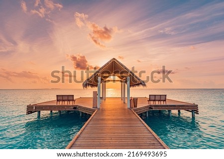 Amazing sunset landscape. Picturesque summer sunset in Maldives. Luxury resort villas seascape with soft led lights under colorful sky. Dream sunset over tropical sea, fantastic nature scenery
 Royalty-Free Stock Photo #2169493695