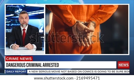 TV Live Report: Anchor Talks About Recently Arrested Dangerous Criminal, Upcoming Court Case About To Begin. Television Program News Feed. Cable Channel Concept. Split Screen Mock Up Royalty-Free Stock Photo #2169495471