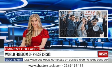 Split Screen TV News Live Report: Anchorwomen Talks. Reportage Montage: Female Newscaster Covers A Story About Freedom Of Press Protest. Television Program On Cable Channel Concept. Royalty-Free Stock Photo #2169495485