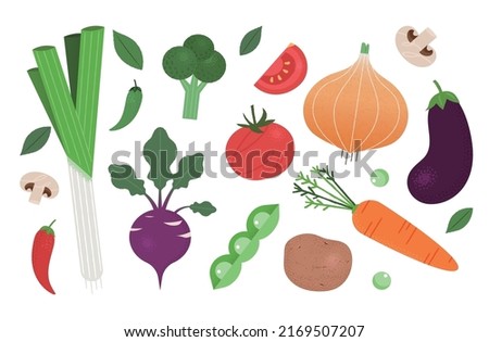 Cozy graphic illustration of various vegetables. Green onion, broccoli, eggplant, onion, pepper, pea, tomato, red kohlrabi, potato, white mushroom, carrot. Royalty-Free Stock Photo #2169507207