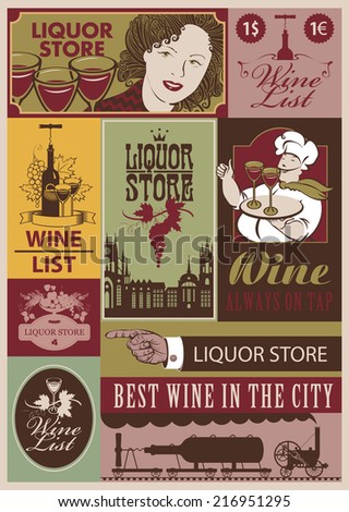 set of retro banners on the wine and  liquor store