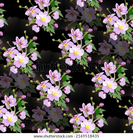 Floral summer seamless pattern, bouquets of pink flowers on a black background for wallpaper design, textile, wrapping paper, fabrics, silks.