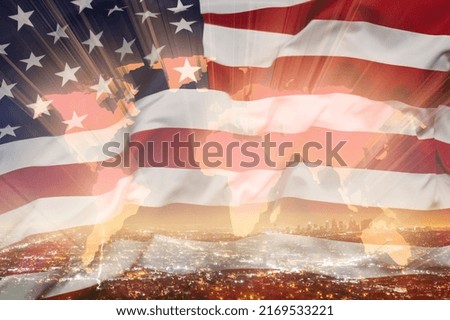 Multi exposure of abstract creative digital world map hologram on USA flag, tourism and traveling concept