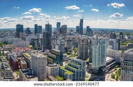 Panoramic. view of modern skyscrapers and business centers in Warsaw. View of the city center from above. Warsaw, Poland. Royalty-Free Stock Photo #2169540477