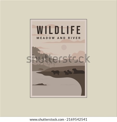 capybara in the river crocodile vintage poster minimalist vector template graphic design. wildlife outdoors meadow banner for adventure or environment concept