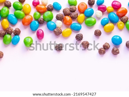 Background of tasty colorful candy. Top view, copy space