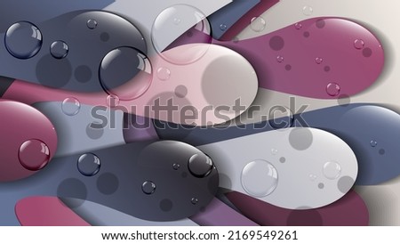 Spotted wallpaper with 3D effect. Transparent bubbles of different sizes on a background of overlapping abstract shapes with smooth edges. Vector. Royalty-Free Stock Photo #2169549261